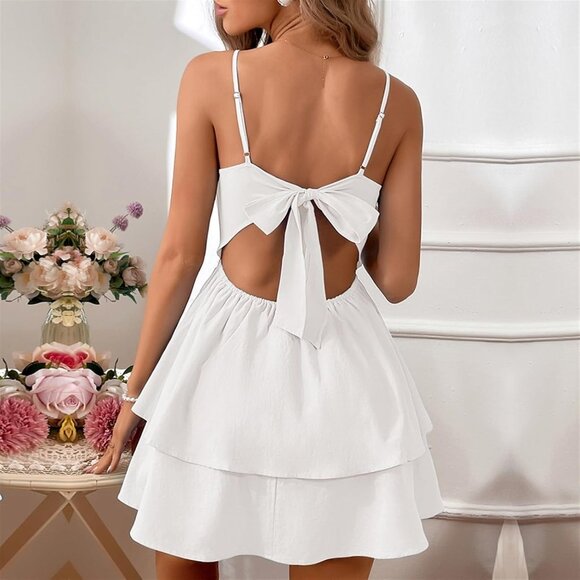 Women's Backless Bow Tie Short Dress Summer Sexy Party Vacation - Picture 2 of 8